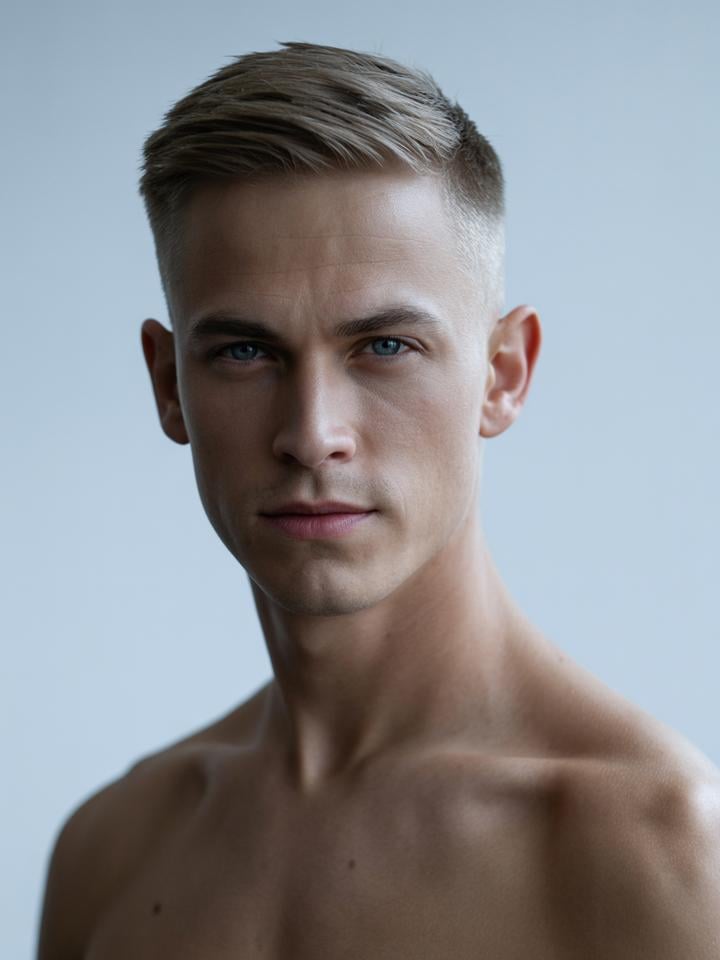 Erik — AI fashion model: Crew-cut blonde, blue eyes, athletic build